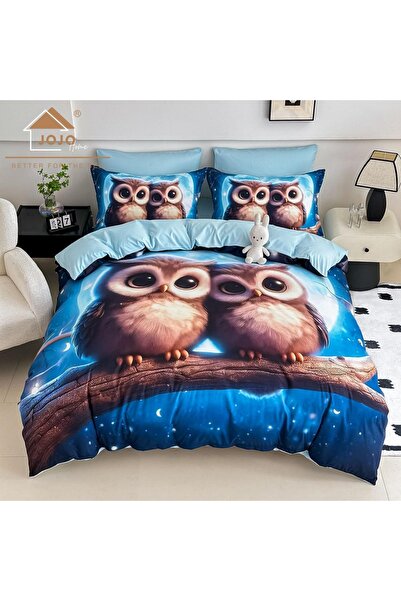 JOJO HOME Lenjerie de pat din finet 4 piese 🦉 Albastru Noapte | Imprimeu dig...
