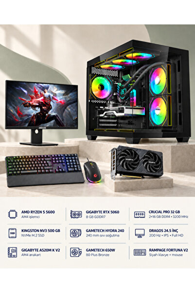 Ryzen 5 5600 RTX 5060 8GB 32GB RAM 500GB SSD 240mm Sıvı Soğutmalı 24.5" Monitörlü Klavyeli Gaming PC