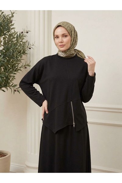 Lunsera Store طقم تنورة بتفاصيل سحاب وقصة غير متماثلة - أسود