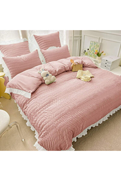 JOJO HOME Lenjerie de pat creponata, 100% bumbac, 2 persoane, roz pudra, 6 pi...
