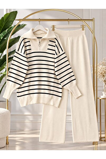 YILMAZBARMAZ Women's Hijab Striped Half-Zip Knitwear Set