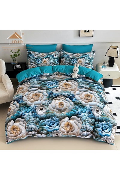 JOJO HOME Lenjerie de pat din finet 4 piese 🌺 Turcoaz & Bej | Imprimeu digit...