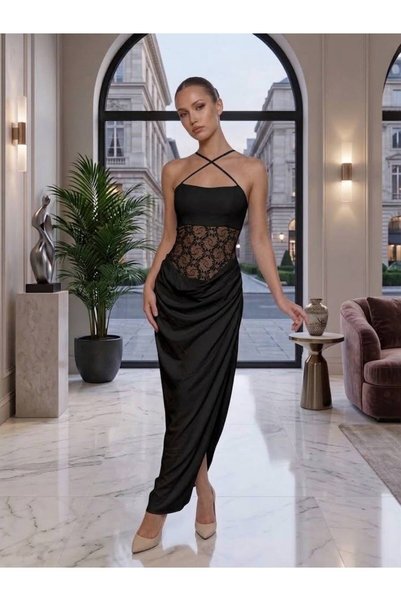 SALTİX Women's Strappy Lace Detailed Long Dress