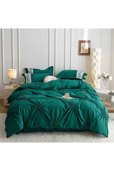 JOJO HOME Lenjerie de pat uni cu pliuri si broderie, tesatura tip finet, 6 pi...
