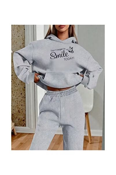 luci sports Women's Smile Motif Oversize Hooded Rubber-Edged Track Suit Set