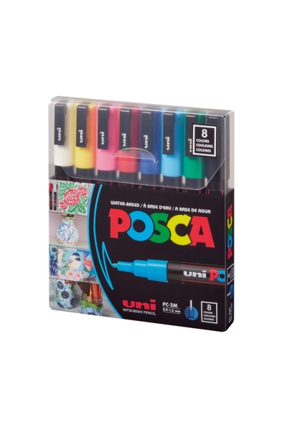 POSCA Marker PC-3M Posca, set 8 culori, 0.9-1.3 mm, varf rotund, culori de baza
