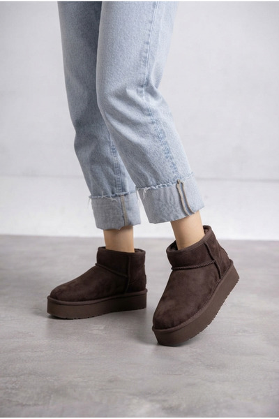 ŞNG Ayakkabı Mini Brown Suede Fur Inside Thick Sole Women's Boots & Booties for Winter
