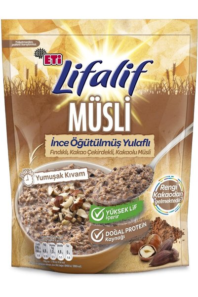 Eti Lifalif İnce Öğütülmüş Yulaflı Fındıklı, Kakao Çekirdekli, Kakaolu Müsli ...