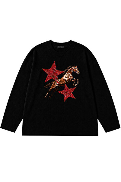 Fer Valiant Μακρυμάνικο μπλουζάκι Unisex με στάμπα Star Horse και στρας, Over...
