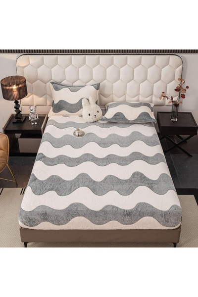 JOJO HOME Husa de Pat Cocolino Gri cu Dungi Ondulate Crem | 3 Piese | Elastic...
