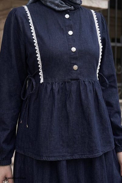InStyle Dark Blue Denim Suit with Laced Hem