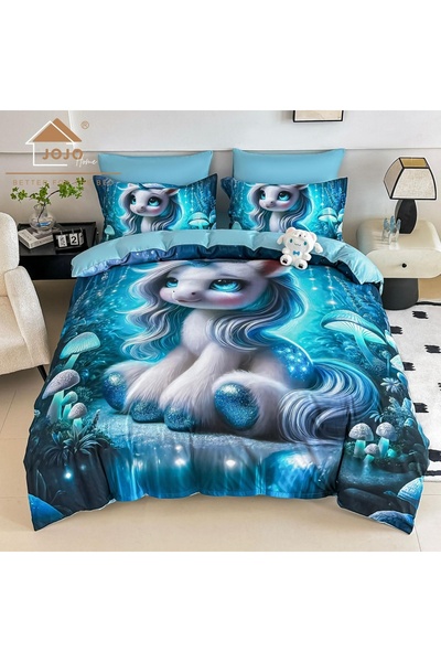 JOJO HOME Lenjerie de Pat 5D Finet Albastru „Unicorn Magic” | 6 Piese | Impri...
