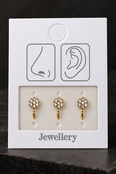 TAKIŞTIR Altın Renk Çiçek Figürlü Deliksiz Kulak/Burun 3'lü Piercing Set