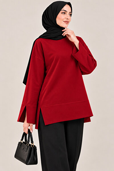 Enha Wear Kadın Kırmızı Modal Kumaş Yırtmaç Detaylı Bisiklet Yaka Oversize Te...