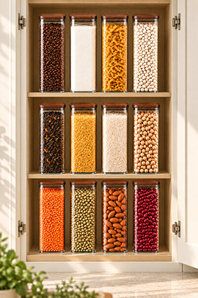 Karçiçeği Home Akasya 12'Li 1150 ML Kare Borosilikat Cam Saklama Kavanozu – Vakumlu Akasya Kapaklı – 8 × 23 cm - 8461-2