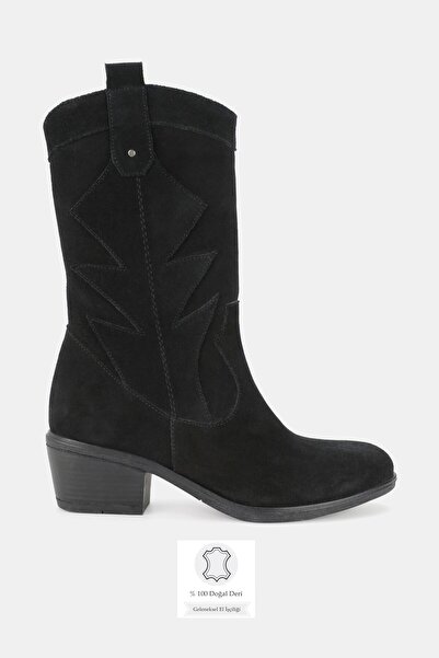 TUNAELLİ Women's Black Suede Genuine Leather Western Boots