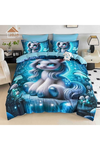 JOJO HOME Lenjerie de pat din finet 5D Albastru cu Unicorn | 4 Piese | | 1 pe...