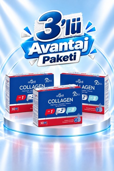 Collagen 3'lü Avantaj Paket | Tip 1, Tip 2 ve Tip 3 Kolajen | Magnezyum | Bromelain ve Ginseng İçeren Ananas Aromalı Takviye Edici Gıda, 30 Saşe