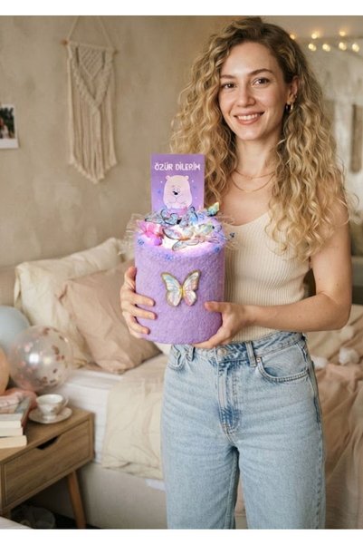 STORE24 RGB Işıklı Kelebekli Lila Özür Dilerim Hediyesi Hediye Kutusu Çiçek Buketi Arkadaşa, Sevgiliye Hediye