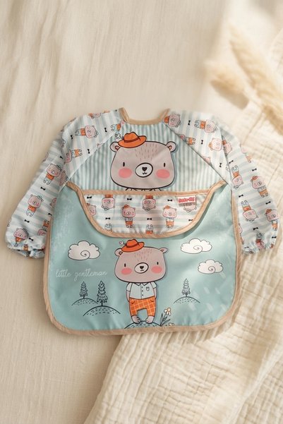 Babydonat Little Gentleman Long Sleeve Baby Food Bib with Teddy Bear Figure - Liquid-Proof, Stain-Proof and with Pockets B