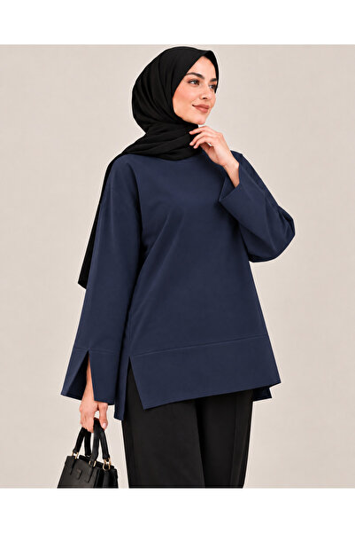 Enha Wear Kadın Lacivert Modal Kumaş Yırtmaç Detaylı Bisiklet Yaka Oversize T...