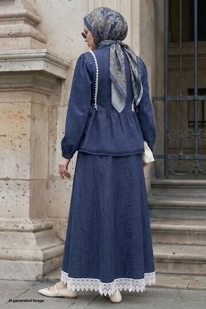 InStyle Blue Denim Suit with Laced Hem