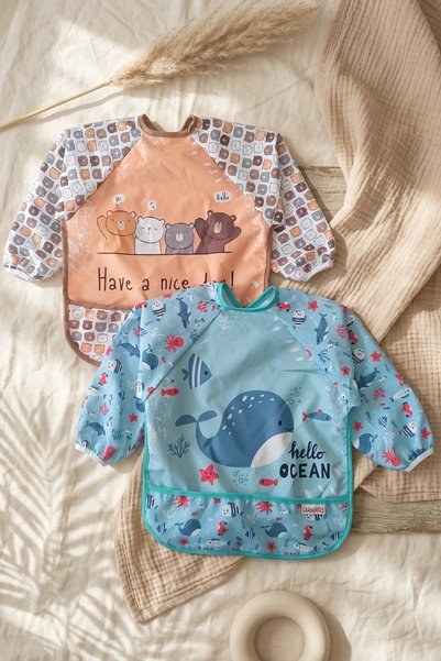 Babydonat Liquid-Proof Long Sleeve Baby Food Bib - 6-24 Months Blw Compatible Activity Bib - Cute Bear and Honey