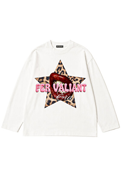 Kadın Leopar Yıldızlı Baskılı Oversize Premium Uzun Kollu T-Shirt