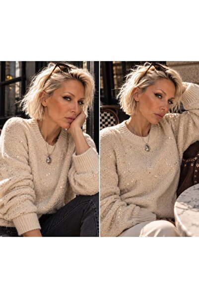 ibeeka Soft Glow Işıltılı Triko Kazak - Krem