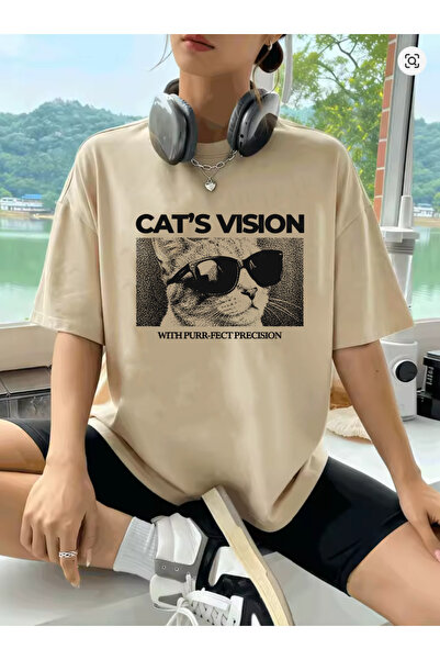SUNFREE Cat Vision Printed Oversize Short Sleeve Basic Beige Tshirt