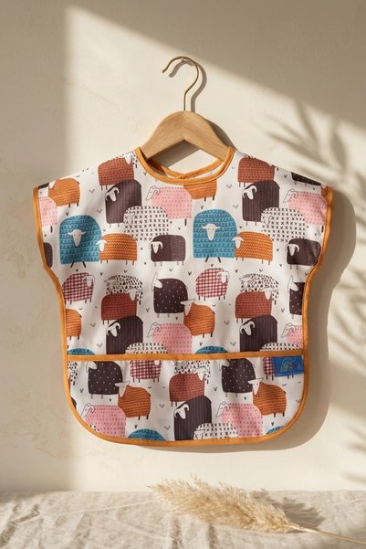 Babydonat Woolyjoy Colorful Sheep Pattern Stain-Proof and Liquid-Proof Baby Food Bib with Pockets - Blw Compatible Sleeveless