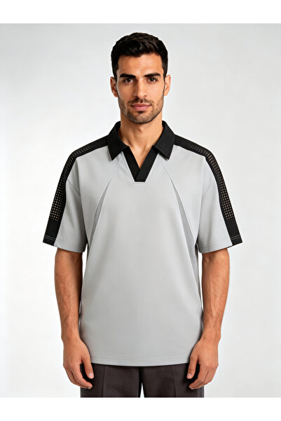 Take Two By Styli Grey Contrast Collar Short Side Striped Sleeves Polo T-Shirt