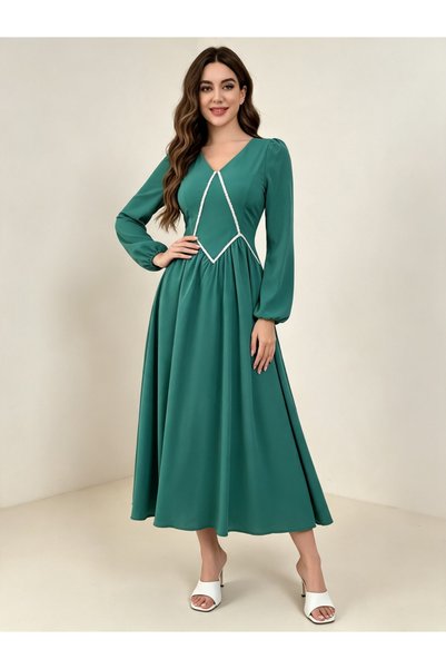 Take Two By Styli Green Midi A-Line Dress with Long Sleeves