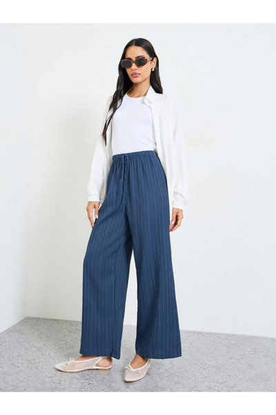 Take Two By Styli Dark Blue Wide-Leg Ribbed Trousers