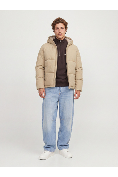 Jack & Jones Beige JJGALAXY Hooded Puffer Jacket with Zip Closure