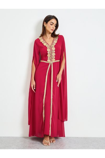 Take Two By Styli Embroidered Maxi Kaftan Dress with Long Sleeves