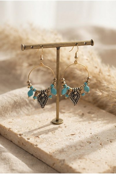 ZGNOVA Handmade Beaded and Metal Detailed Hoop Earrings