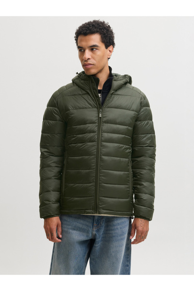 Jack & Jones Olive Green JJEKINGSLEY Hooded Puffer Jacket with Zip Closure