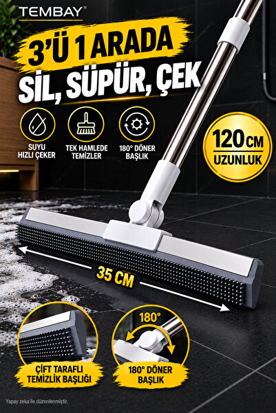 TEMBAY 35 cm Silikon Yer Sileceği Çekçek Çekpas – 120 cm Uzun Saplı 180° Döne...