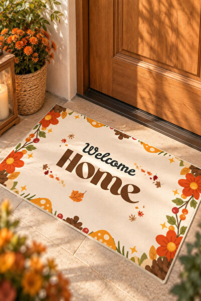 GECE HOME Welcome Sonbahar Yapraklı Kapı Önü Paspası | 6-7 mm Dot Tabanlı Ove...