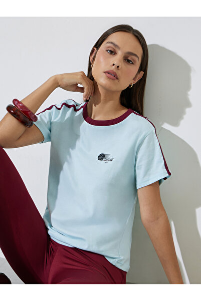 Styli Blue Cotton Regular Fit T-Shirt with Taping Stripe