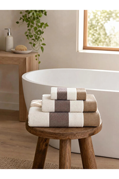 Styli Pack of 3 -Textured Bath Towels, Brown - 34x34, 34x75, 70x140cm