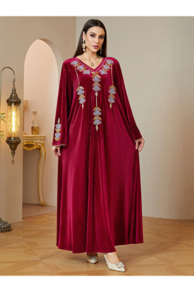 Take Two By Styli Red Velvet Maxi Jalabiya with Intricate Embroidery
