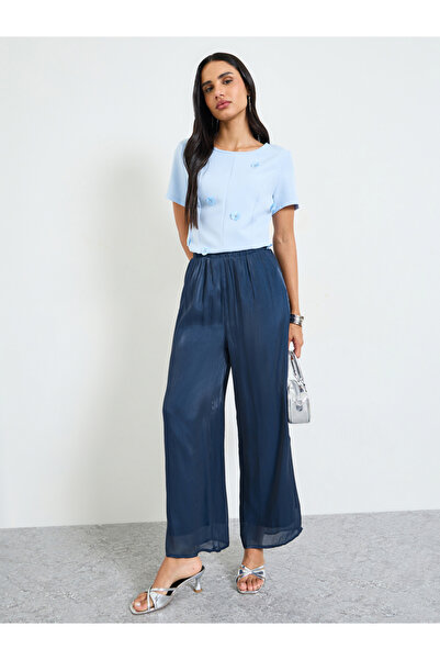 Take Two By Styli Dark Blue Wide-Leg Trousers with Elastic Waist