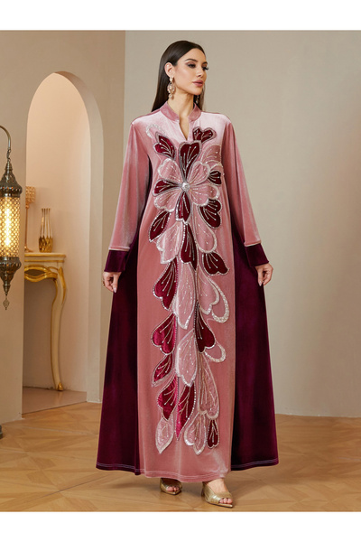Take Two By Styli Pink Velvet Embroidered Maxi Jalabiya