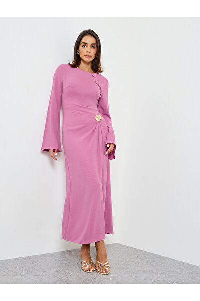 Take Two By Styli Pink Plain A-Line Maxi Dress with Long Sleeves