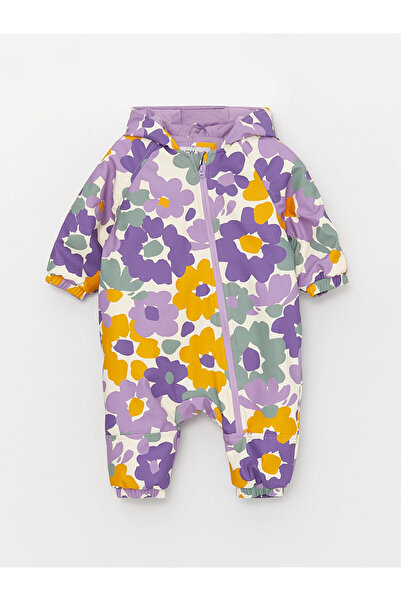 LC Waikiki Baby Ecru Hooded Long Sleeve Printed Baby Girl Astronaut Coat