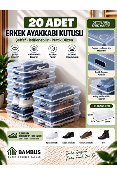 Bambus Fit 20'lİ Ayakkabı Kutusu Şeffaf Kapaklı Düzenleyici Organizer