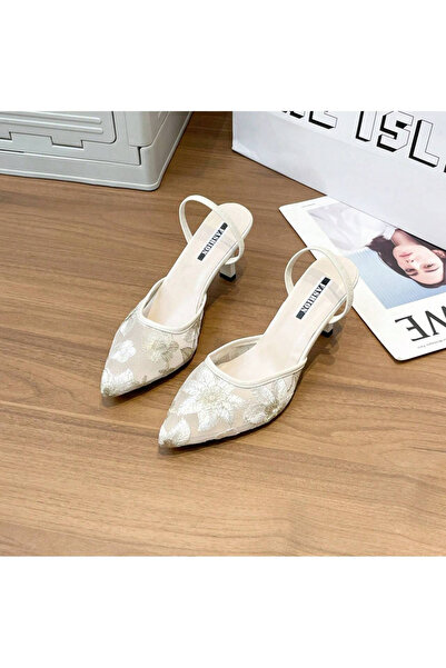 Take Two By Styli Beige Floral Slingback Mid-Heel Sandals for Women