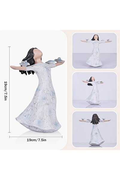 QIANLING Figurina din rasina reprezentand o fata cu 3 pasari albastre pe brate, albastru, 19X19 cm